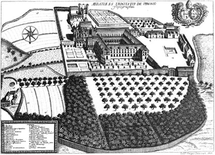Gravure représentant l’abbaye avec son cloître intérieur, XVIIe siècle